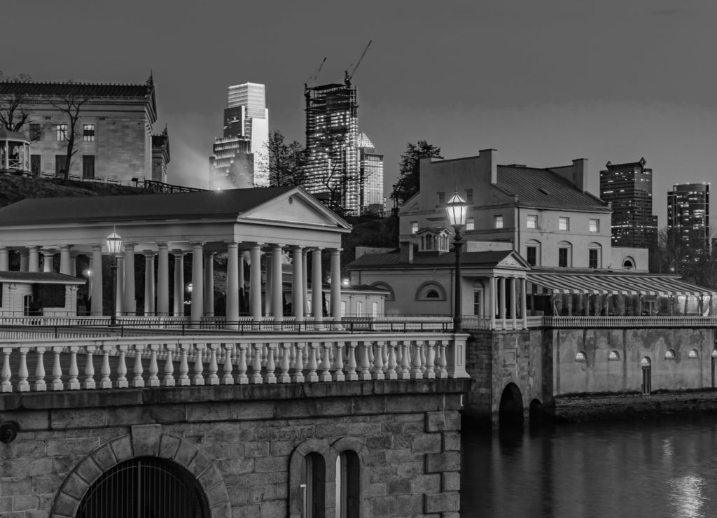 Behind Art museum in philadelphia, Pennsylvania in black white