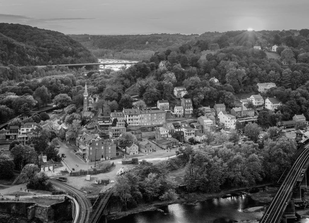 Sunset view of Harpers Ferry, West Virginia from Maryland Heights in black white