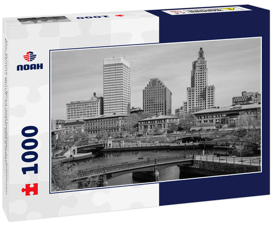 The Providence River and buildings in downtown Providence, Rhode Island in black white