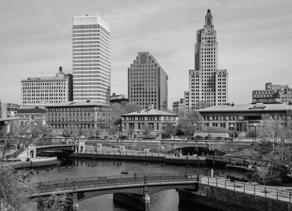 The Providence River and buildings in downtown Providence, Rhode Island in black white
