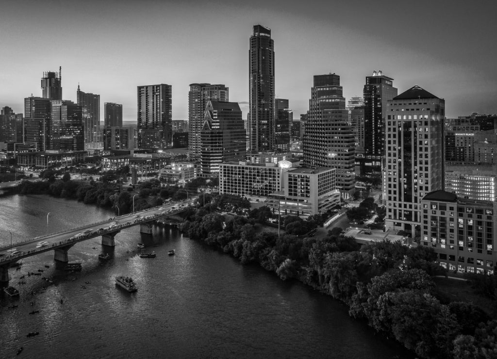 Austin, Texas Skyline At Sunset in black white