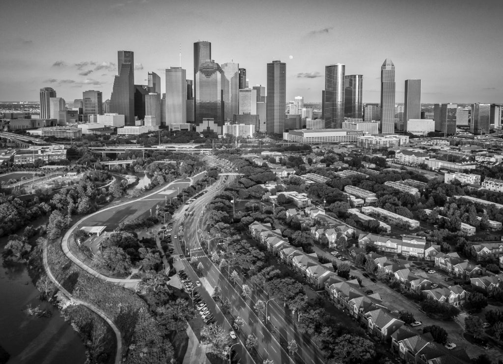 Houston, Texas Skyline At Sunset in black white
