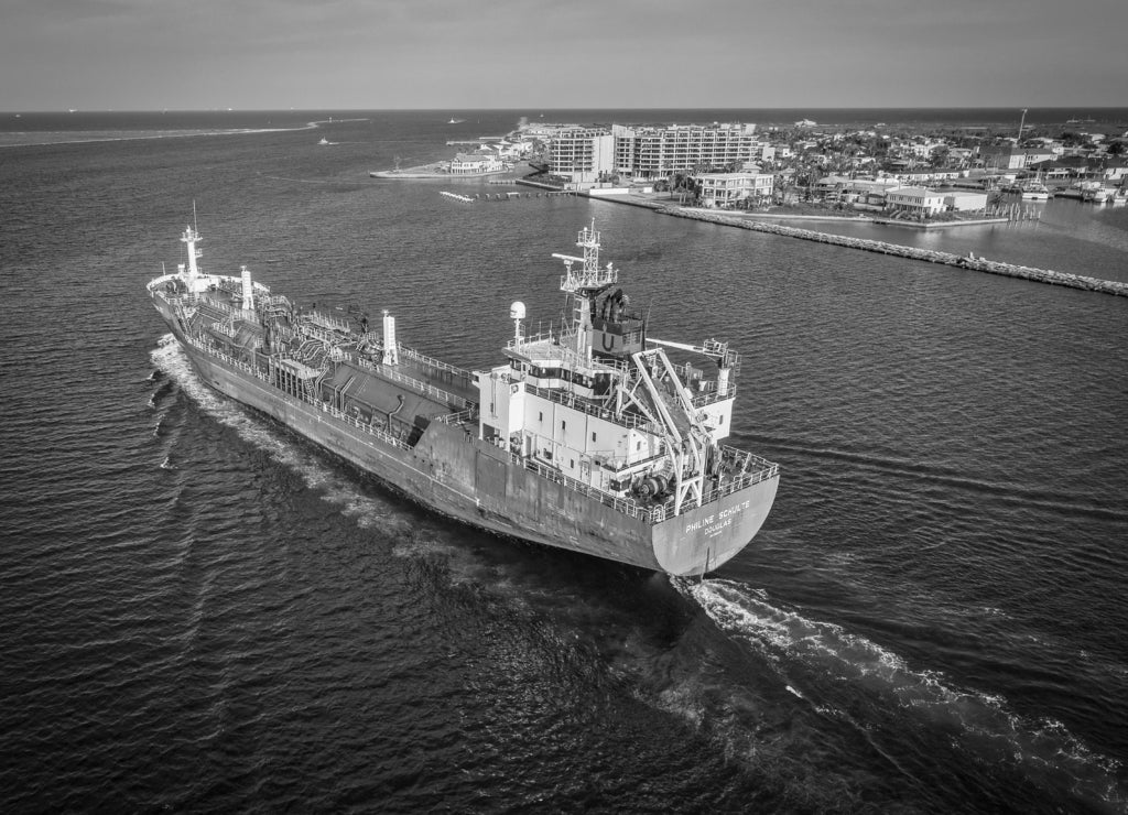 Ship In Port Aransas, Texas in black white