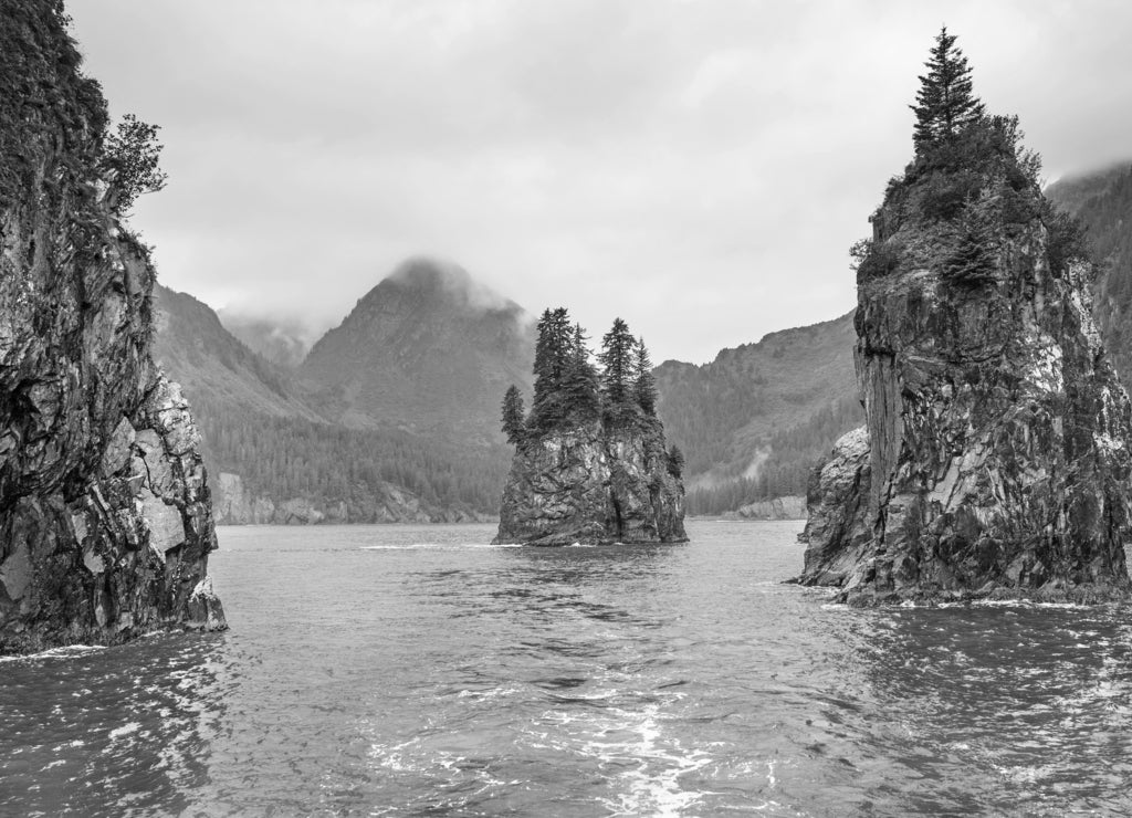 Blue waters and tree covered rocks jutting out of water on a cloudy morning at Porcupine bay at Kenai Fjords National Park, Alaska in black white