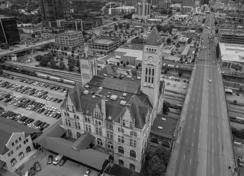 Aerial drone image Union Station Hotel Nashville Autograph Collection Tennessee in black white