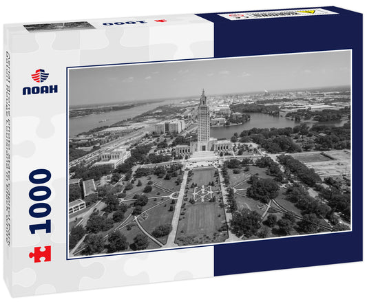 Aerial drone photo State Capitol Park Baton Rouge Louisiana in black white