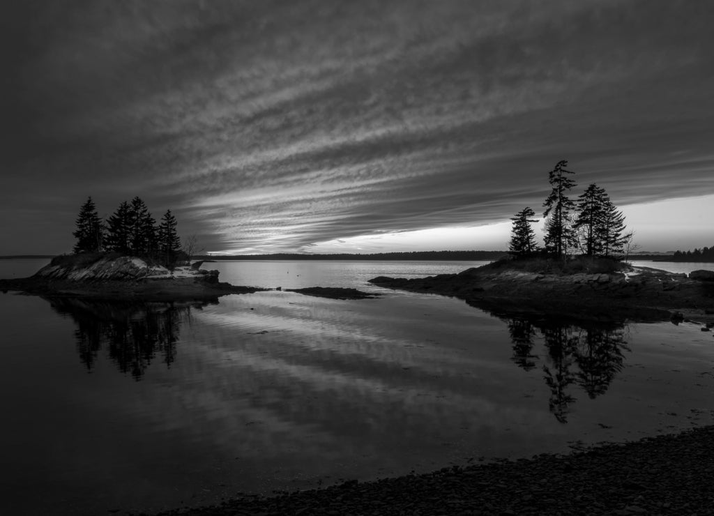 Harpswell Winter Sunset, Maine in black white