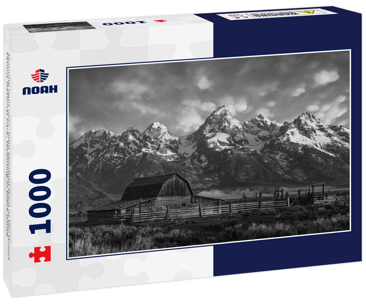Morning light over John Moulton Barn at the Grand Tetons National Park, Wyoming in black white