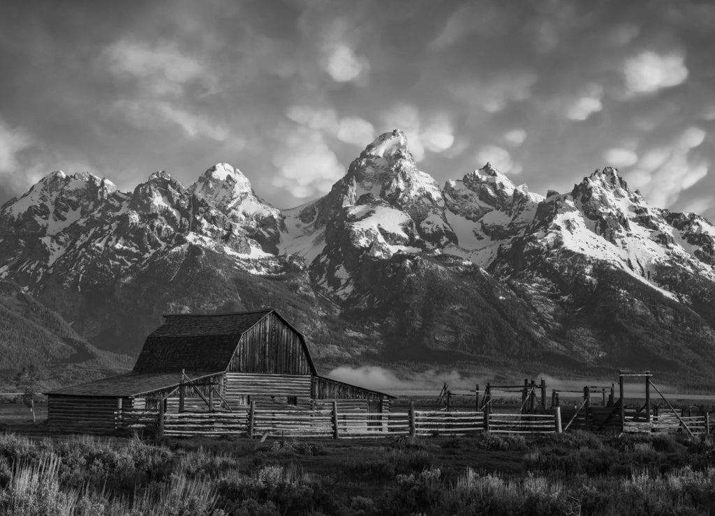 Morning light over John Moulton Barn at the Grand Tetons National Park, Wyoming in black white