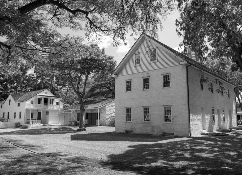 Hawaiian Mission Houses Historic Site in Honolulu, Hawaii in black white