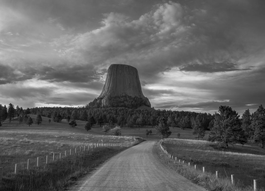 Devils Tower, scenic sunrise, Wyoming in black white