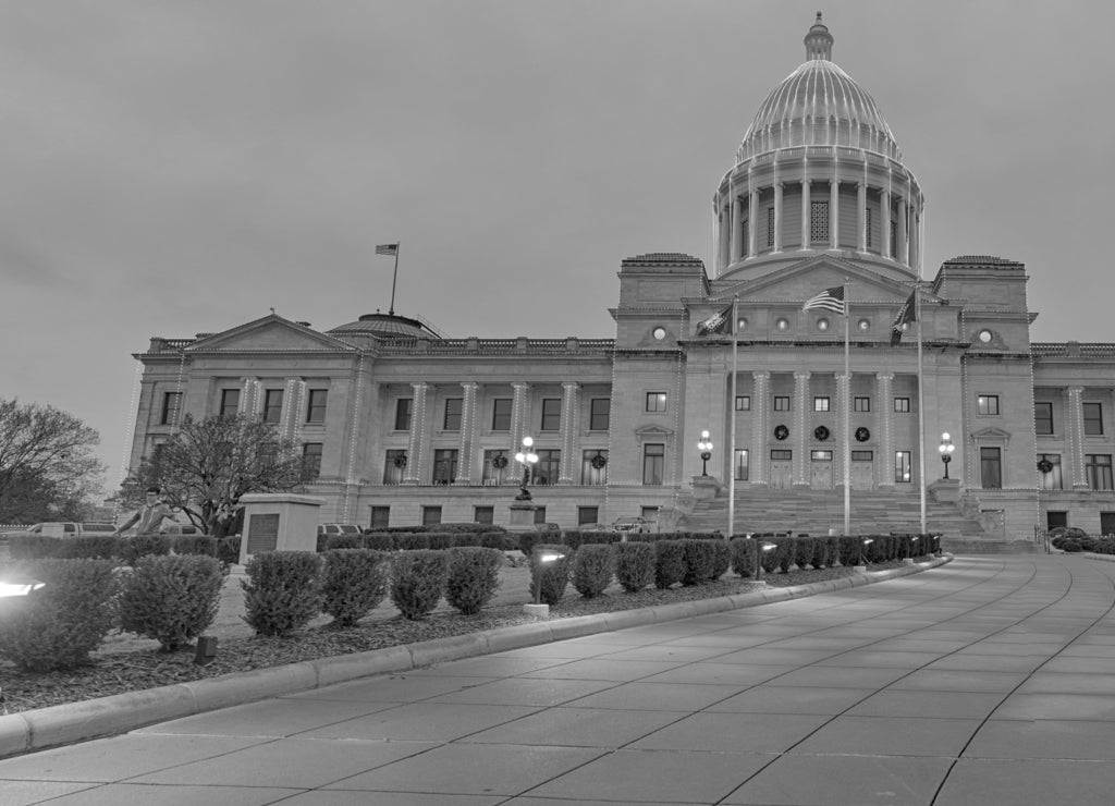 Arkansas State Capitol (Christmas Lights) in black white