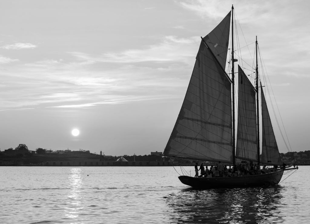 Tall ship in the Casco Bay in Portland, Maine in black white