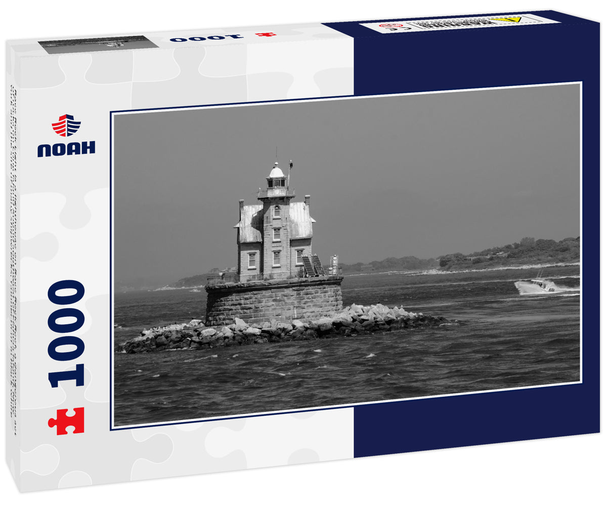 Race Rock Light is a lighthouse on Race Rock Reef, a dangerous set of rocks on Long Island Sound southwest of Fishers Island, New York and the site of many shipwrecks, Connecticut in black white
