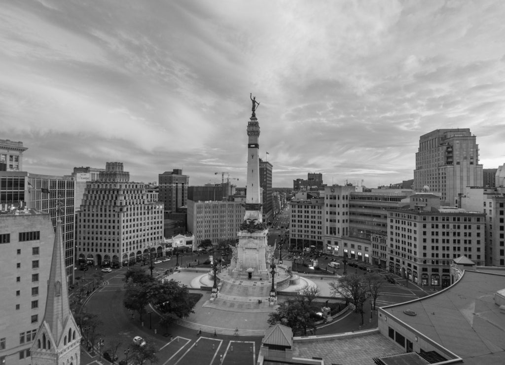 Indianapolis Indiana Circle Day to Night Sunset in black white