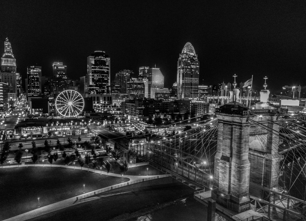 Cincinnati Skyline at Night, Ohio in black white