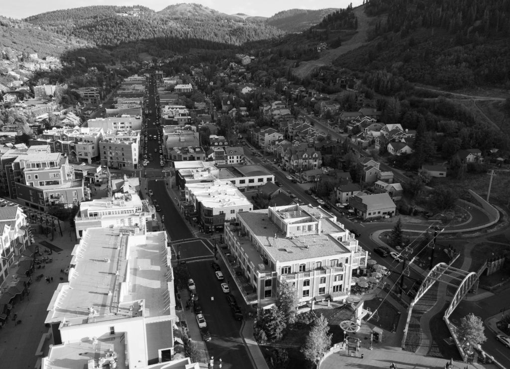 Downtown Park City, Utah aerial main street landscape views in black white