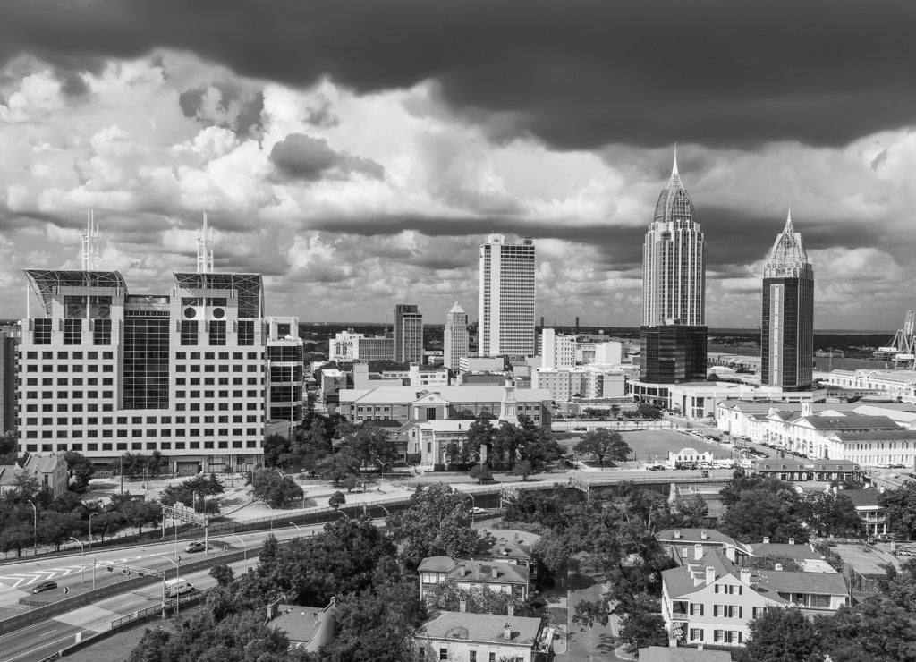 Aerial View of Downtown Mobile, Alabama, USA Skyline in black white