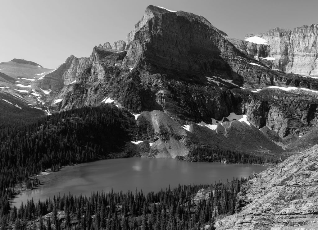 Angel Wing Mountain on a beautiful day in Glacier National Park, Montana in black white