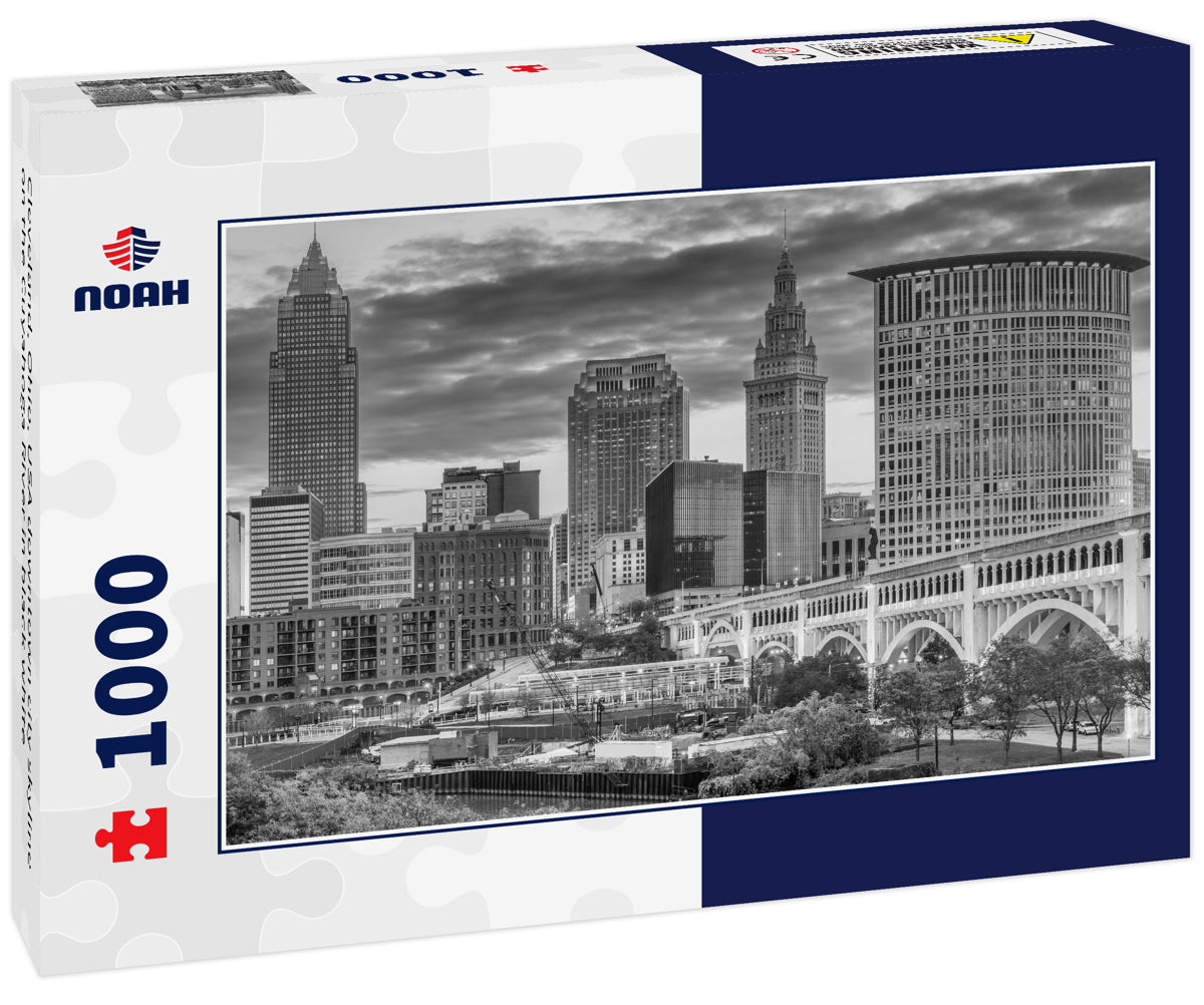 Cleveland, Ohio, USA downtown city skyline on the Cuyahoga River in black white