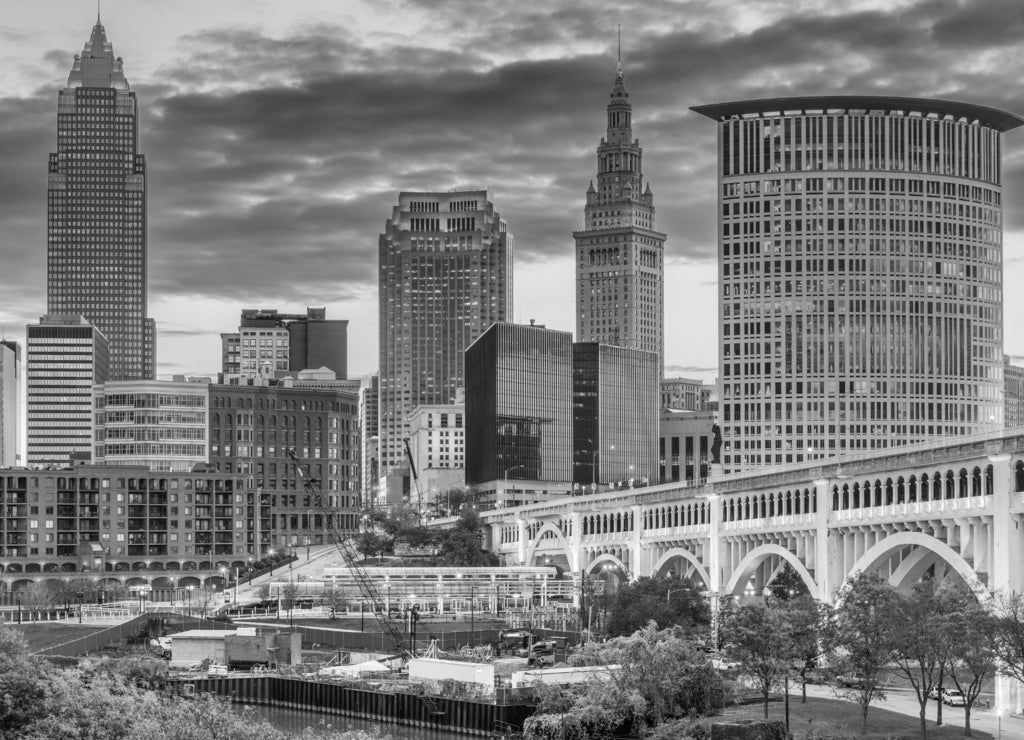 Cleveland, Ohio, USA downtown city skyline on the Cuyahoga River in black white