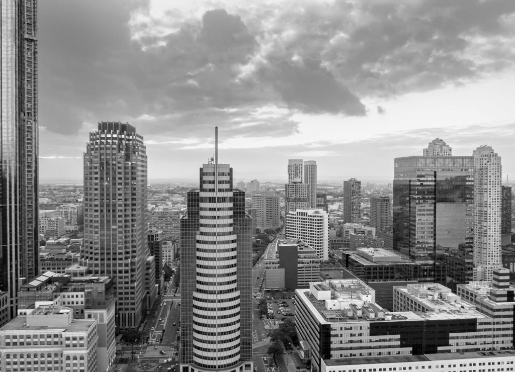 Aerial view of Jersey City skyline at sunset, New Jersey in black white