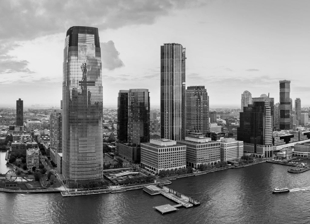 Aerial panorama of Jersey City skyline at sunset, New Jersey in black white