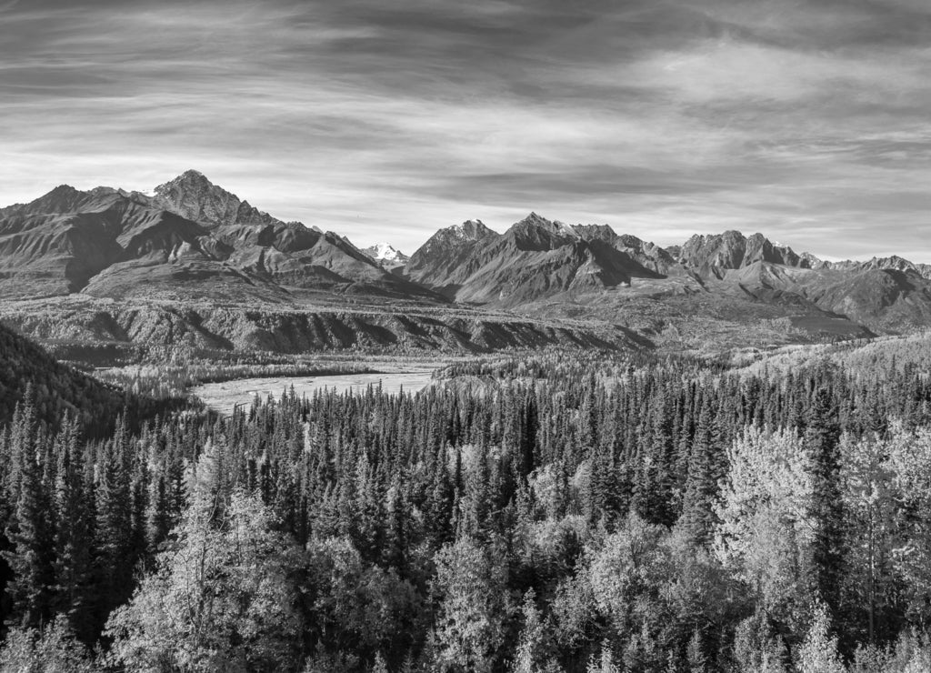 View of autumn Wrangell st. elias national park, Alaska, USA in black white