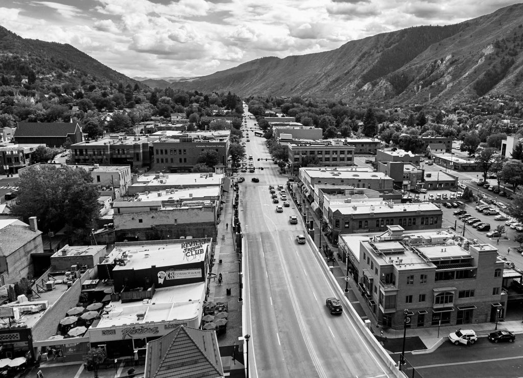 Aerial Glenwood Springs Rocky Mountains, Colorado in black white