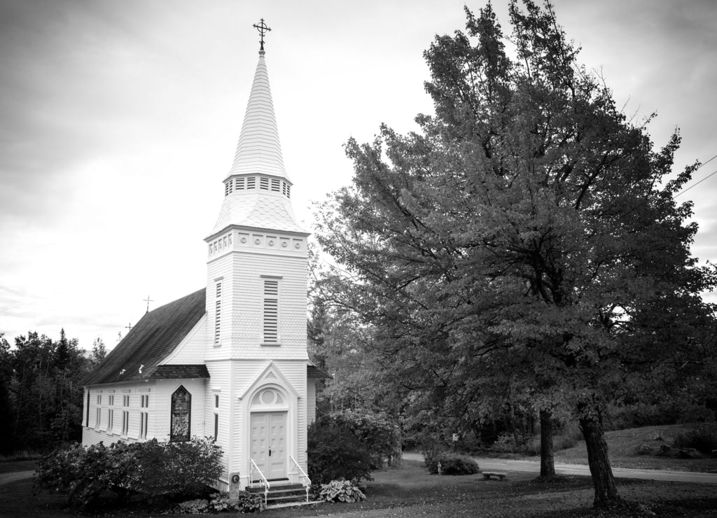 Saint Matthew's chapel in Sugar Hill, New Hampshire in black white