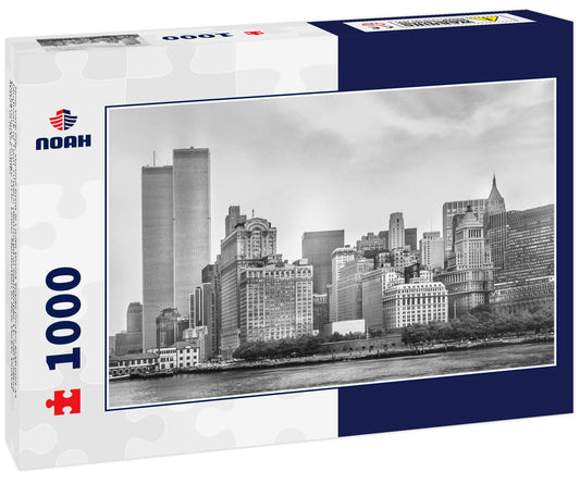 New York City skyline from NJ with World Trade Center featured as landmark of Twin Towers, destroyed in September 11, 2001. Sepia background, vintage style. Lower Manhattan in New YorkC, United States in black white