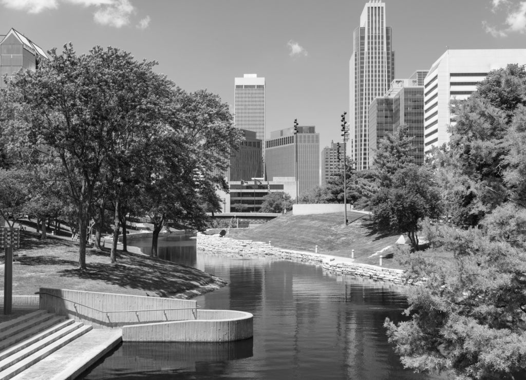 City Skyline in Downtown Omaha, Nebraska in black white