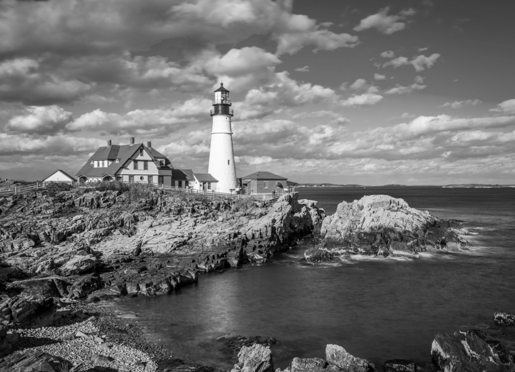 lighthouse on the coast Portland Maine in black white