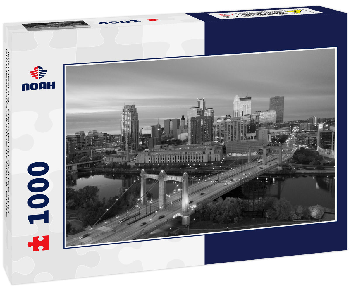 Minnesota, Hennepin Bridge and Minneapolis Skyline in black white