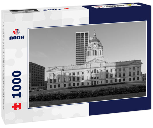 Panorama of the Allen County Courthouse in Fort Wayne, Indiana in black white