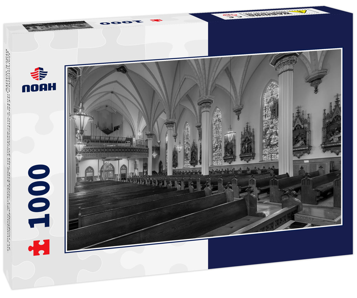 Panorama of the interior of the historic Cathedral of the Immaculate Conception in Fort Wayne, Indiana in black white