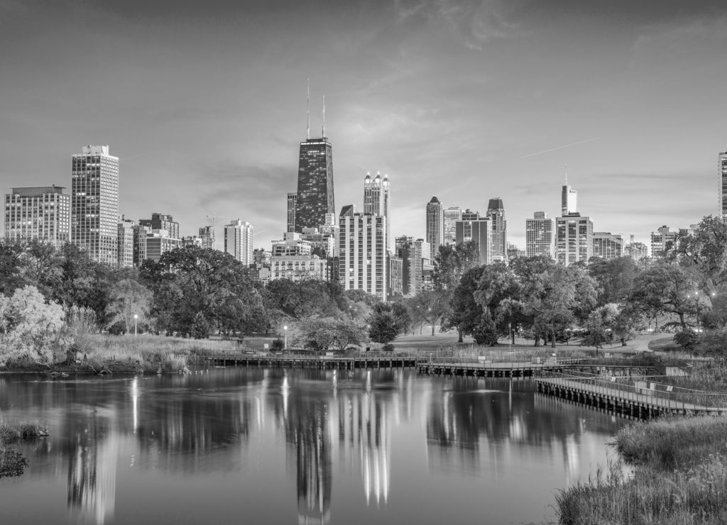 Lincoln Park, Chicago, Illinois Skyline in black white