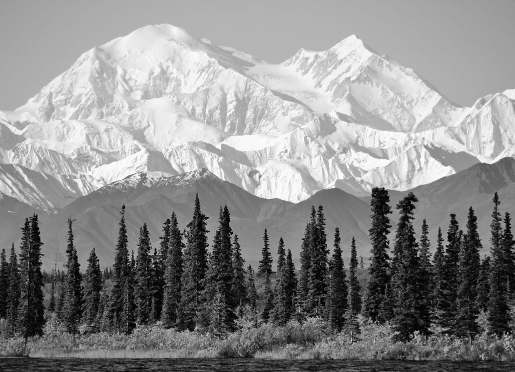 Denali in Alaska, is the highest mountain peak in North America in black white