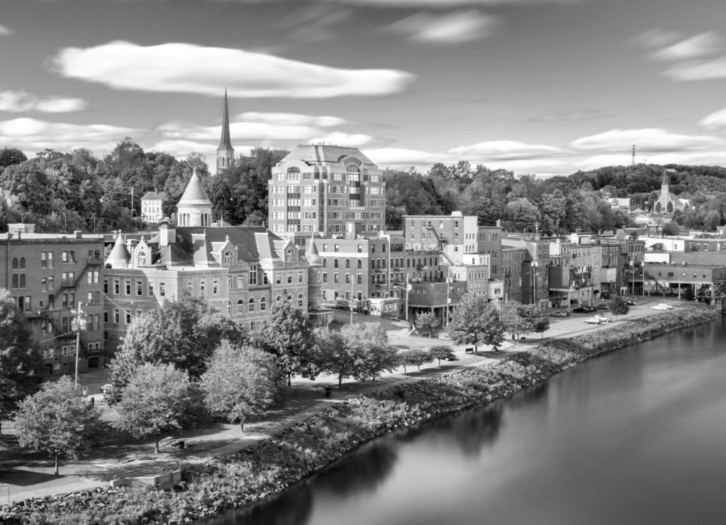 Augusta skyline on a sunny afternoon, Maine in black white