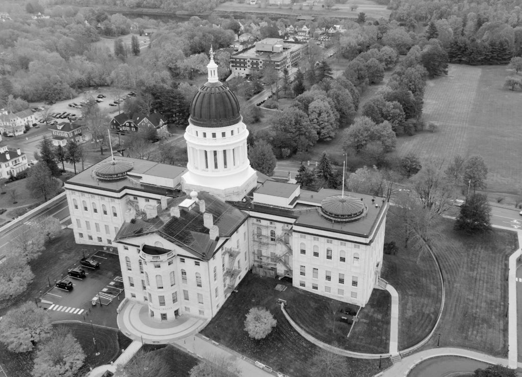 Capitol Building State House Augusta Maine Autumn Season Aerial in black white