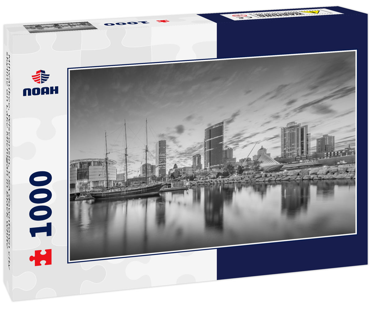 Milwaukee, Wisconsin, USA downtown city skyline on Lake Michigan in black white