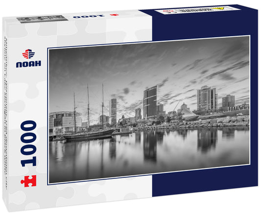 Milwaukee, Wisconsin, USA downtown city skyline on Lake Michigan in black white