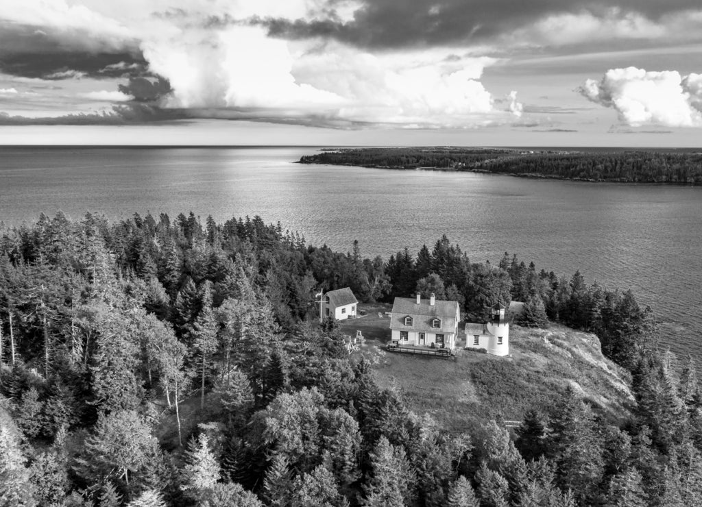 Aerial view of Bear Island Lighthouse, Maine in black white