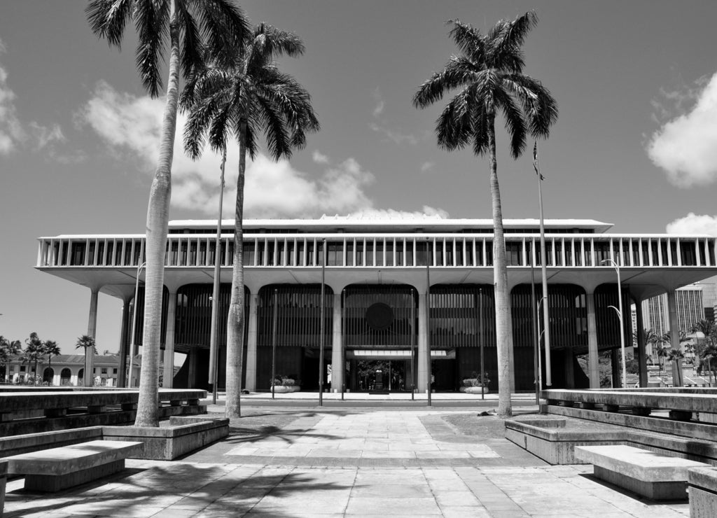 Hawaii State Capitol Building in black white