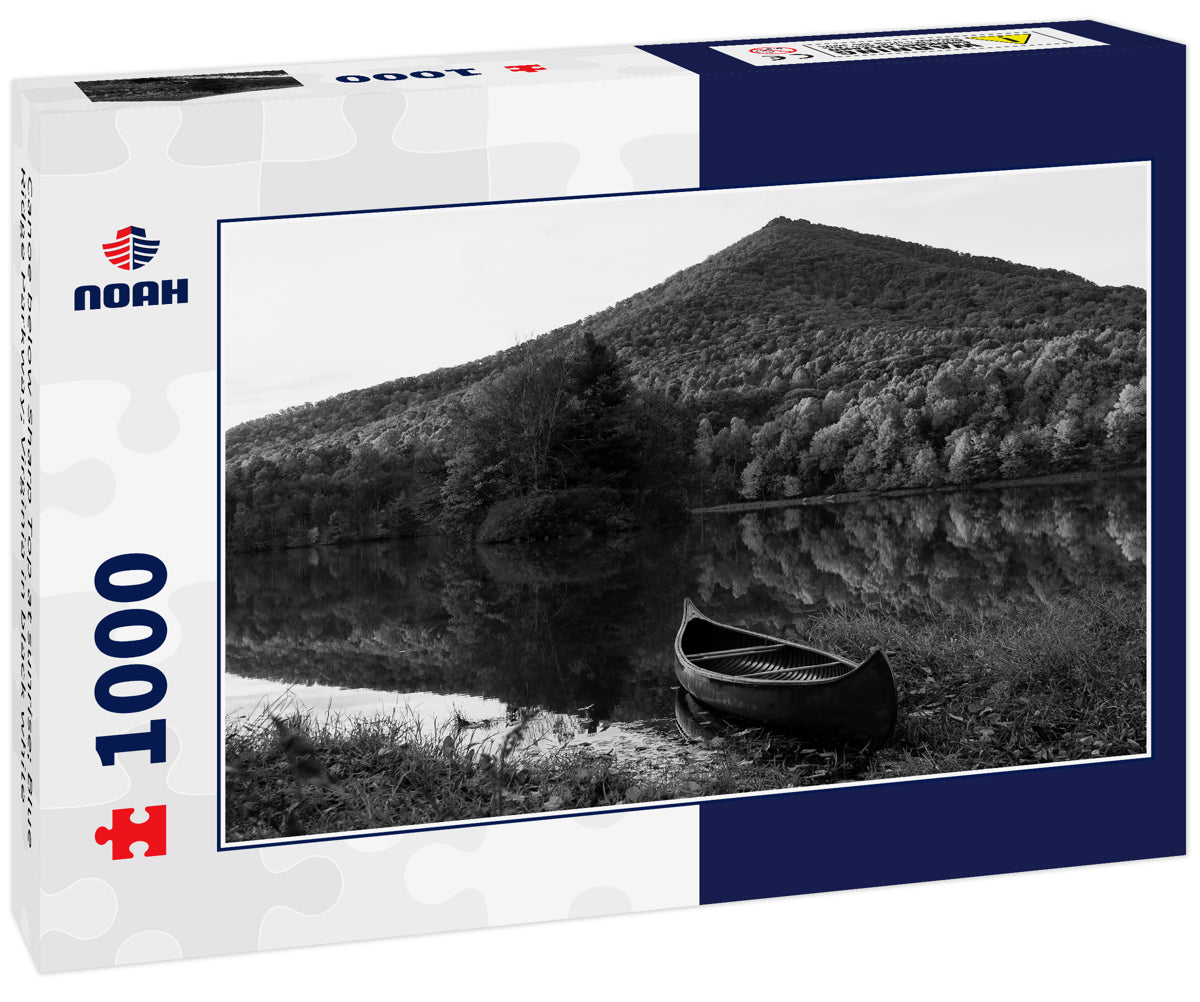 Canoe below Sharp Top at sunrise; Blue Ridge Parkway; Virginia in black white
