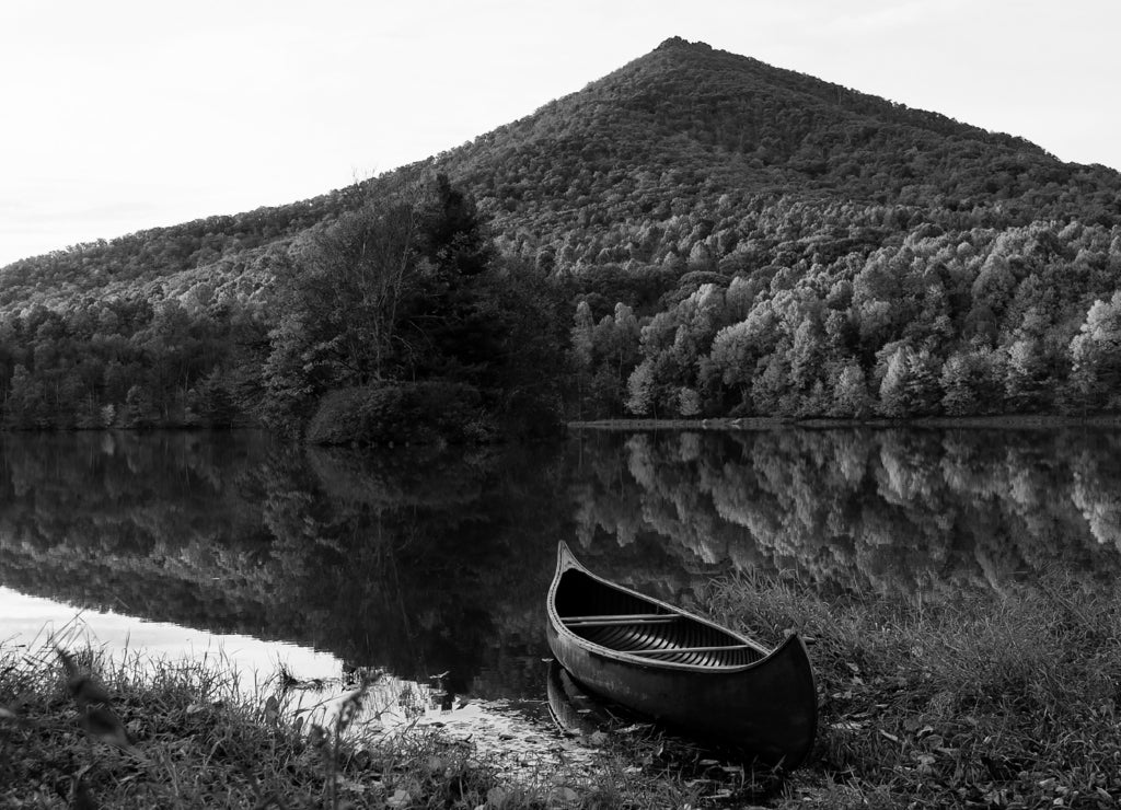 Canoe below Sharp Top at sunrise; Blue Ridge Parkway; Virginia in black white
