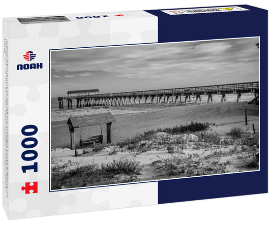 Tybee Island pier in Southern Georgia United States on the beach of the Atlantic Ocean, and a swing in black white