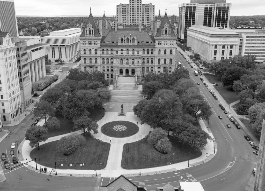 Fall Season New York Statehouse Capitol Building in Albany in black white