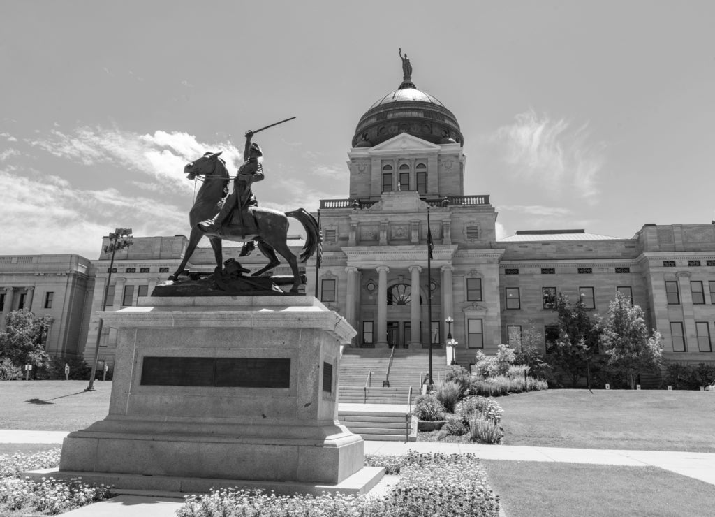 Thomas Francis Meagher Statue at the Montana State Capital in black white