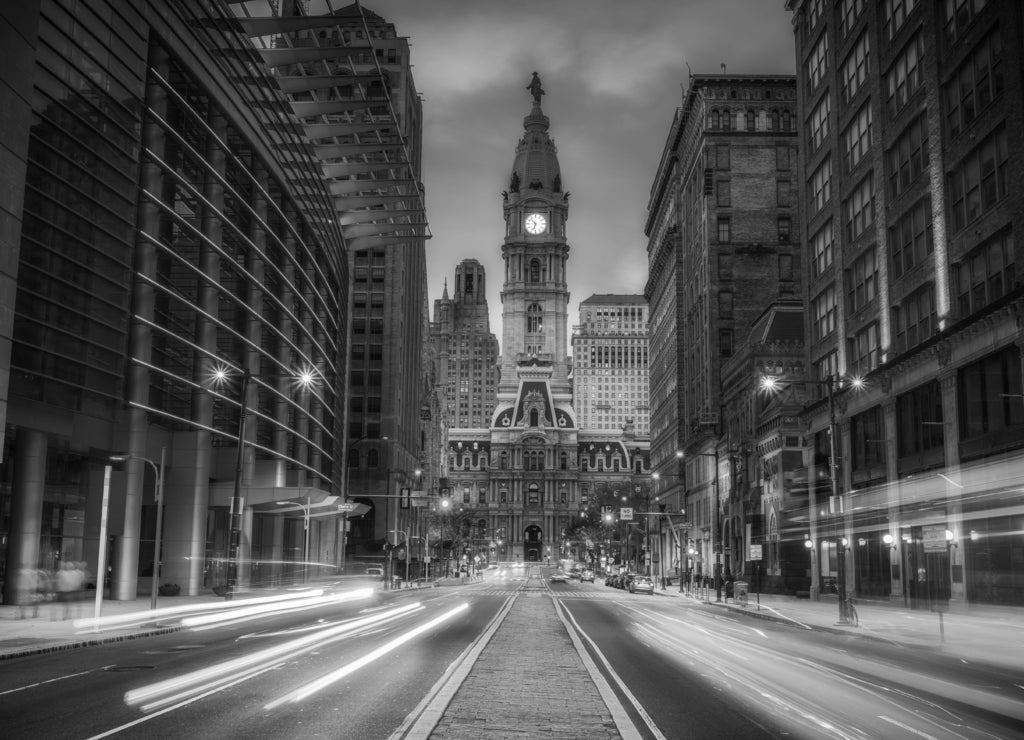 Philadelphia's historic City Hall at dusk in black white